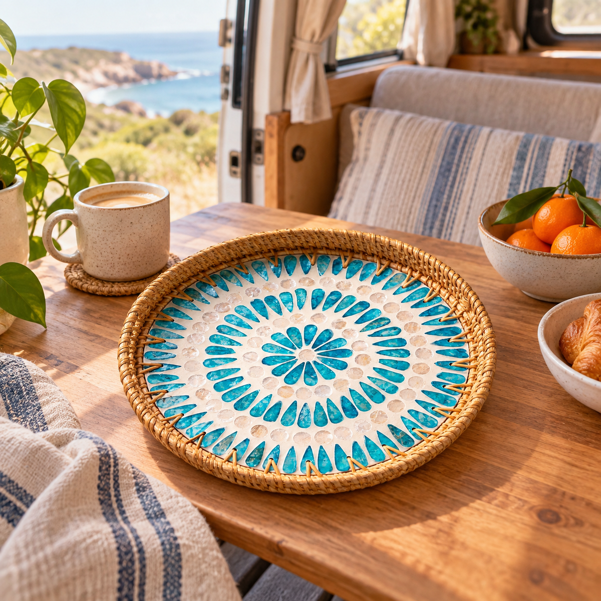 Rattan Tray in a van-life setting