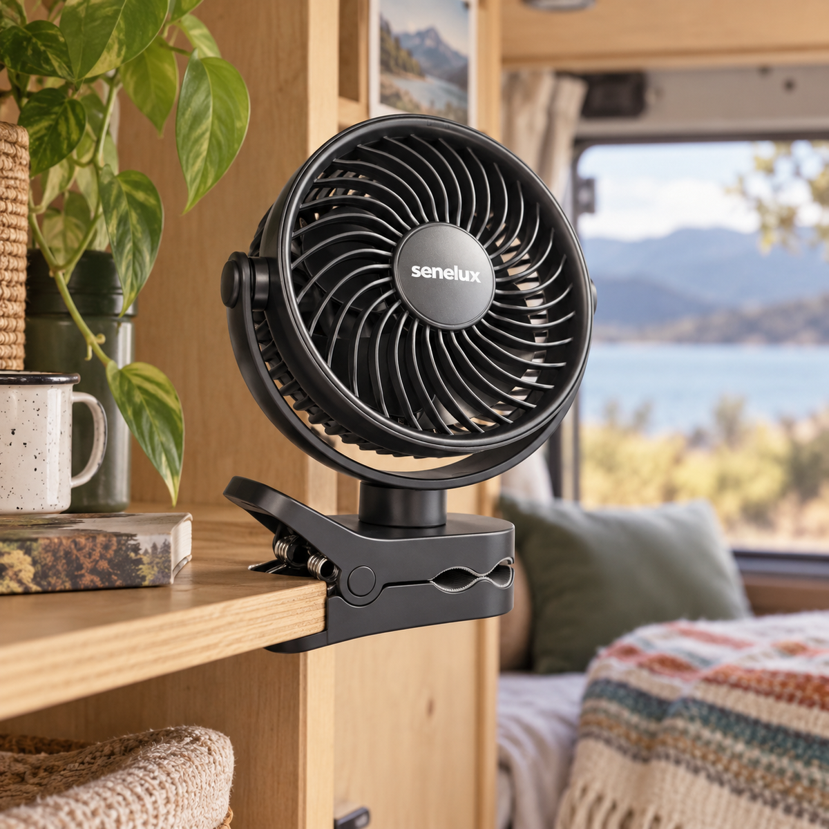Rechargeable Clip-On Fan in a van-life setting