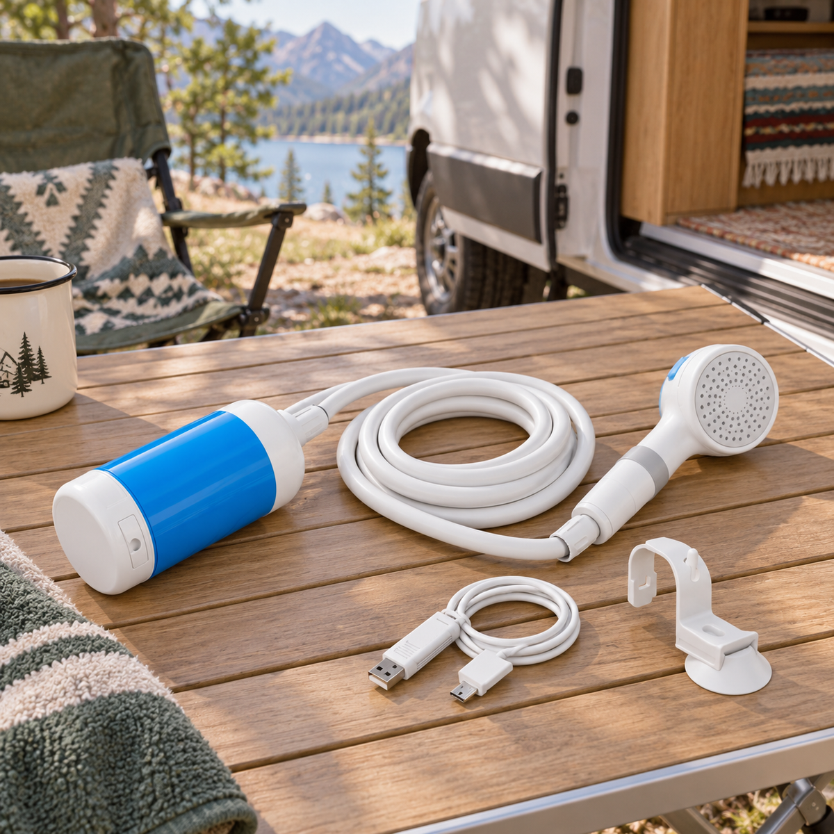 Portable Camping Shower in a van-life setting