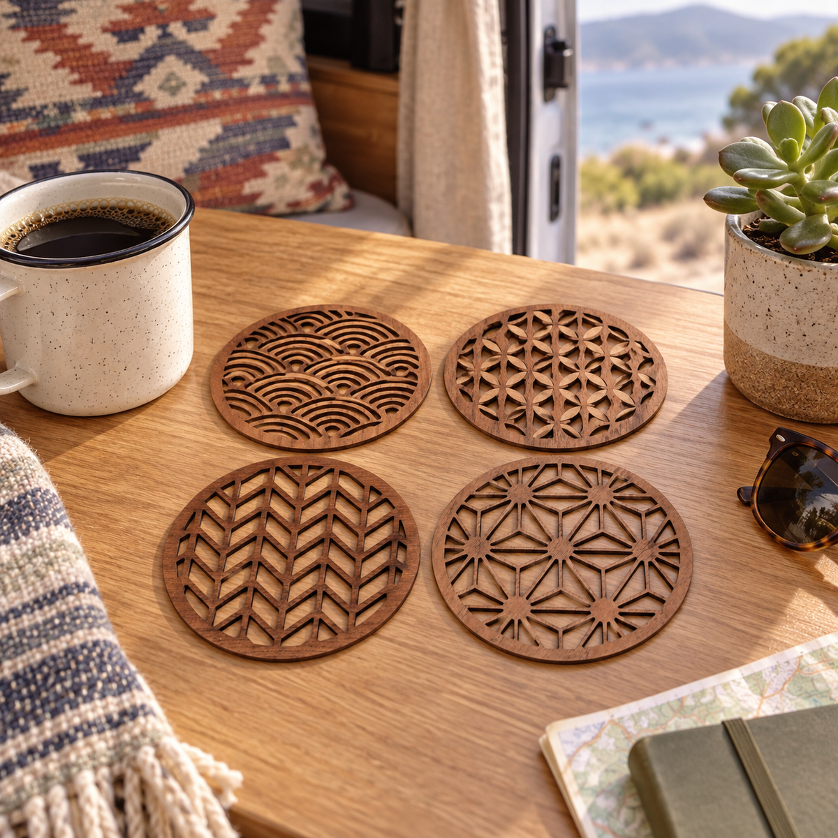 Teak Coasters in a van-life setting