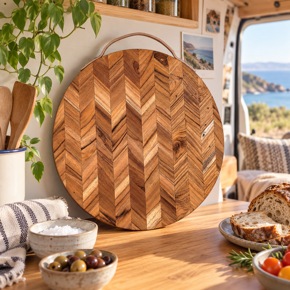 Herringbone Board in a van-life setting