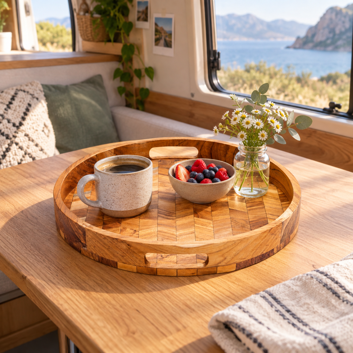 Herringbone Tray in a van-life setting