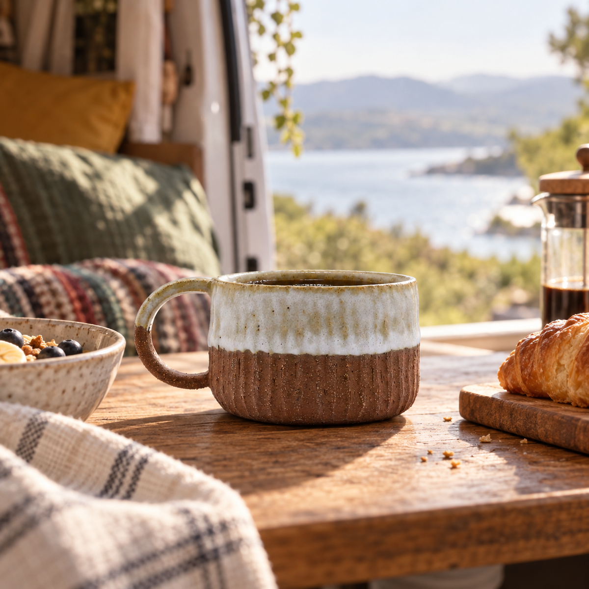 Terra Stoneware Mug in a van-life setting