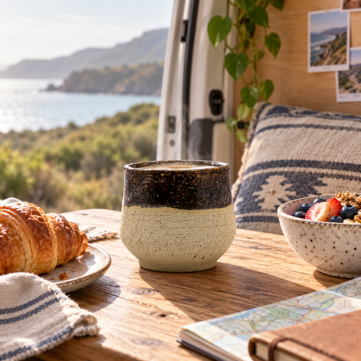 Cappuccino Stoneware Mug in a van-life setting