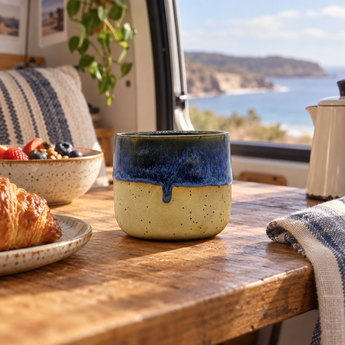 TerraBlu Stoneware Cup in a van-life setting