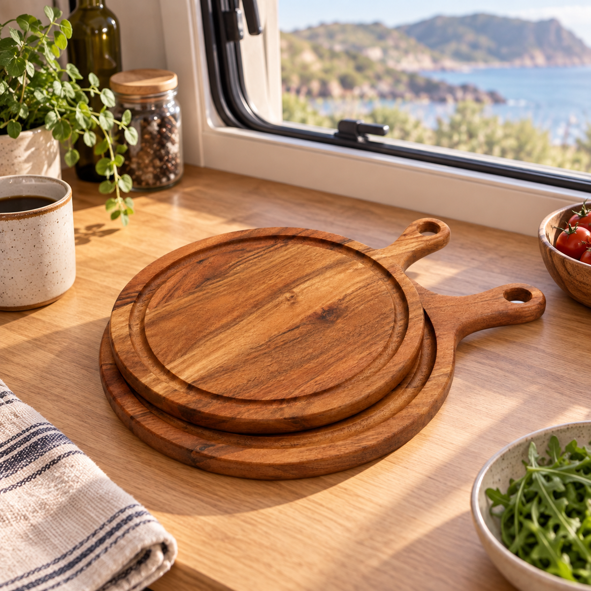 Acacia Serving Boards in a van-life setting