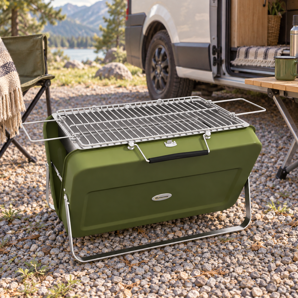 Portable BBQ in a van-life setting