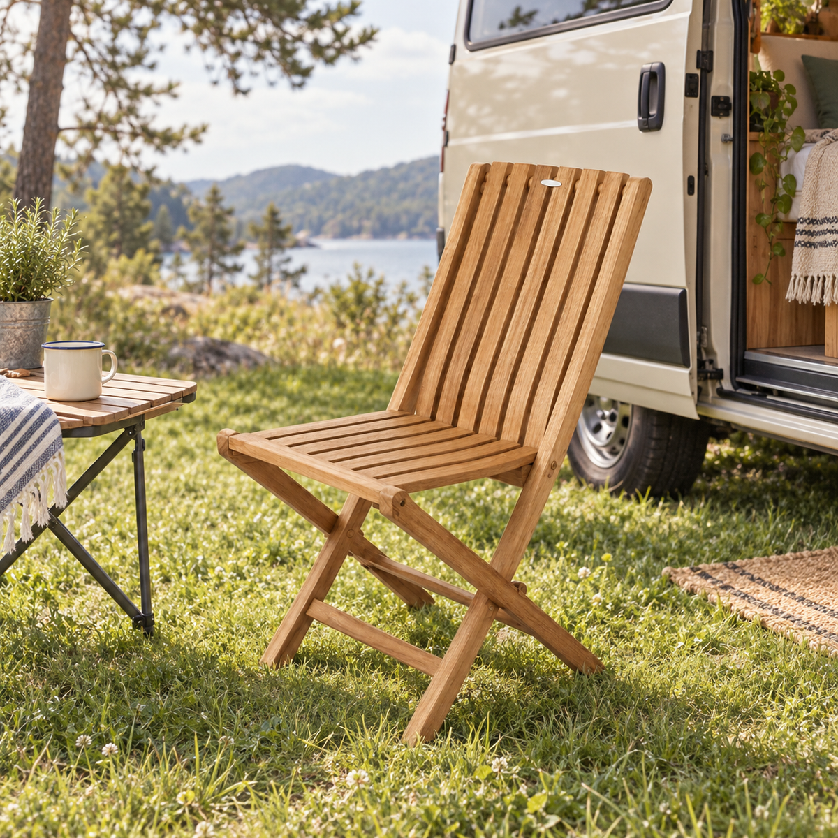 Folding Teak Chair in a van-life setting