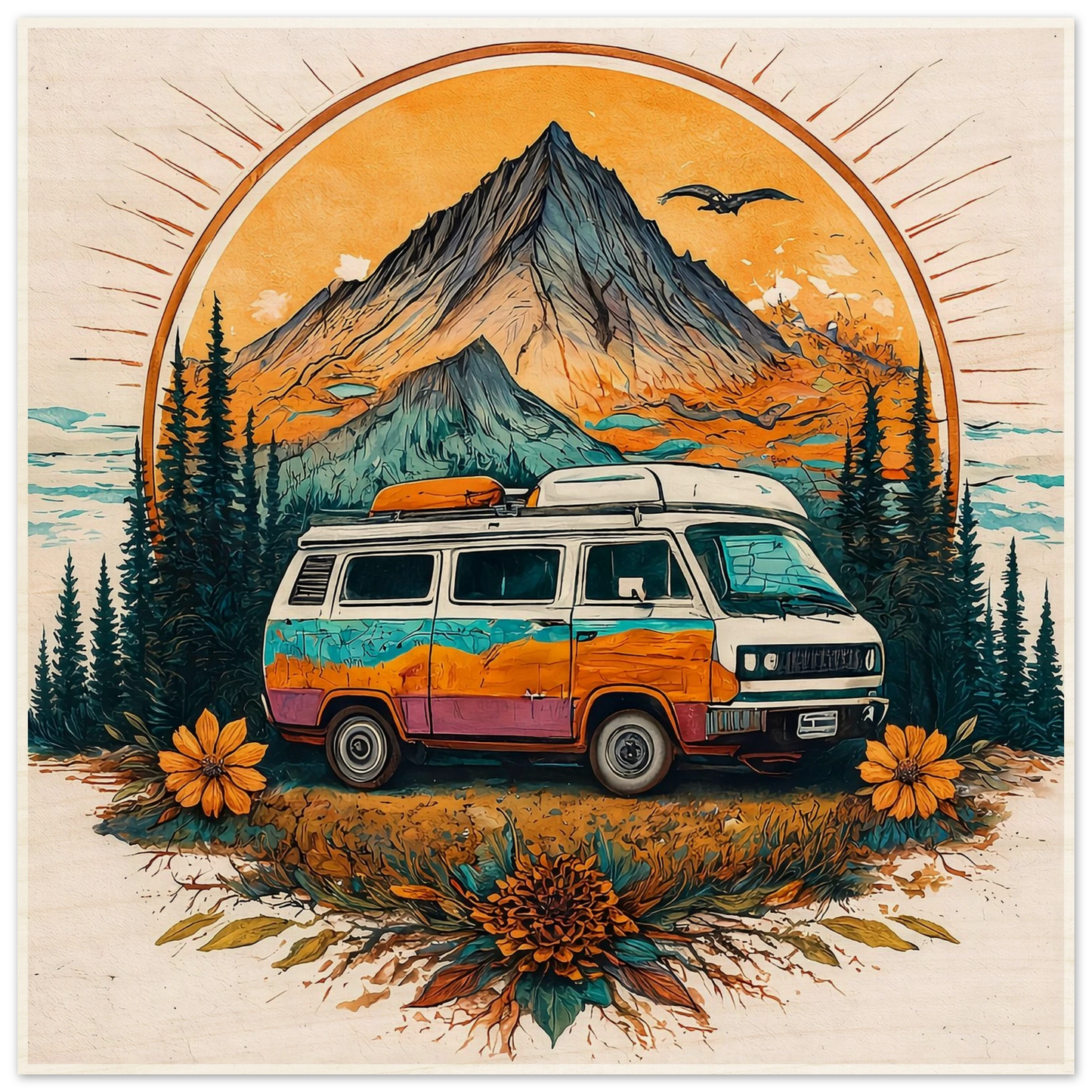 Colorful van life camper van parked in mountain forest, perfect for outdoor adventures and road trips