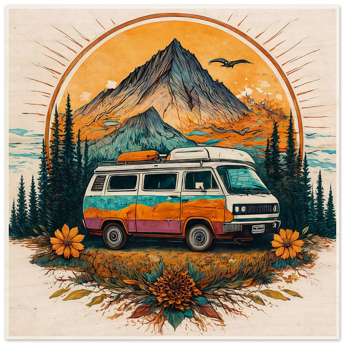 Colorful van life camper van parked in mountain forest, perfect for outdoor adventures and road trips