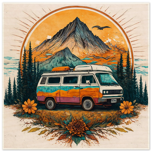 Colorful van life camper van parked in mountain forest, perfect for outdoor adventures and road trips