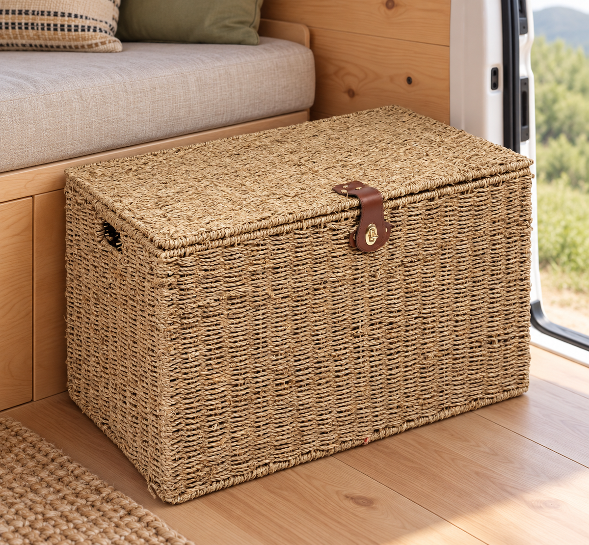 Seagrass Lidded Storage Trunk – Medium – trunk beside a campervan bench