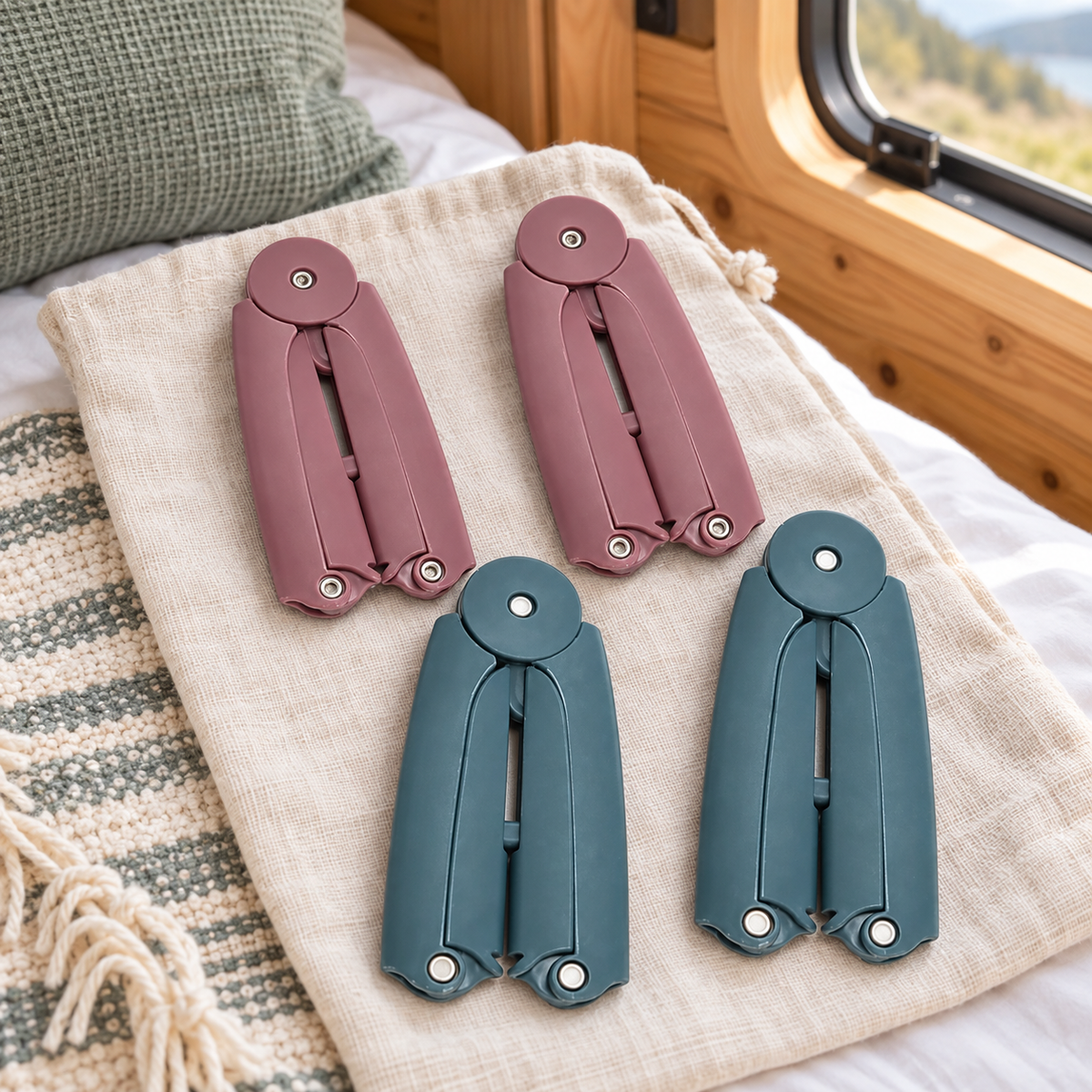 Folding Travel Clothes Hangers – Pack of 4 – folded hangers on a travel bag in a campervan