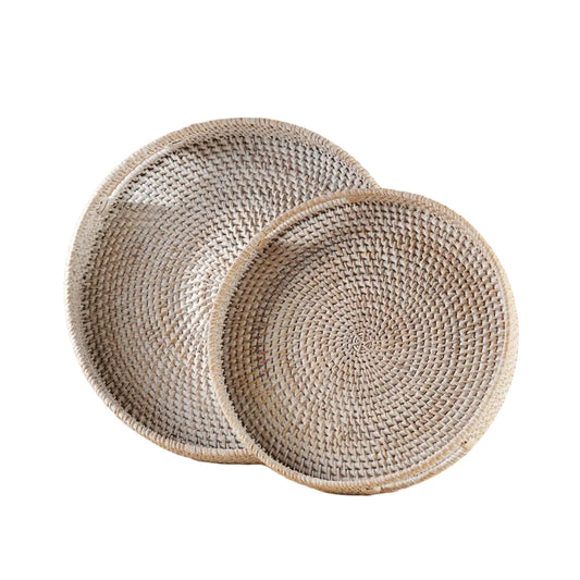 Woven rattan trays for van life storage and boho camper decor