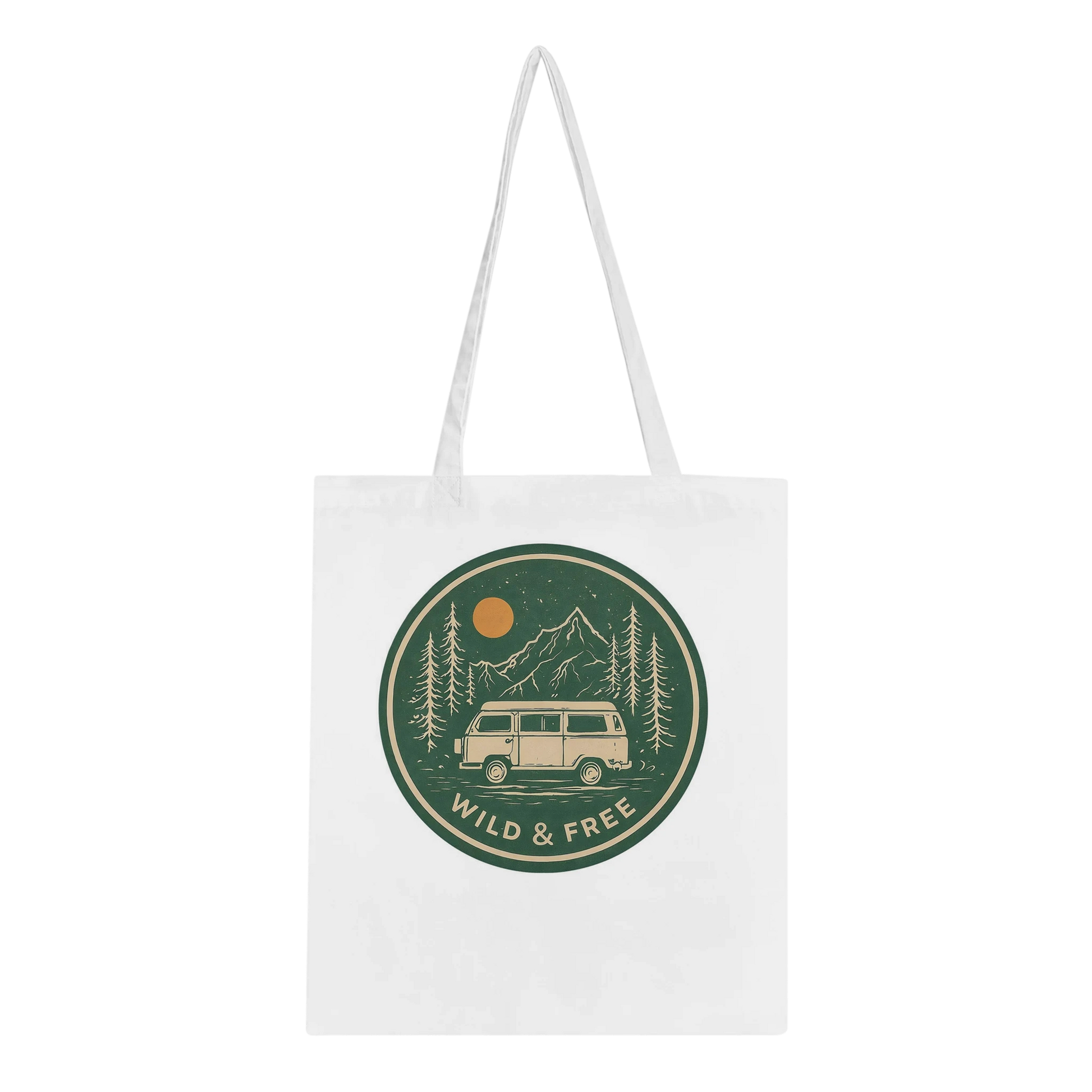 White tote bag with 'Wild & Free' van life design, featuring camper van, mountains, and trees for outdoor adventures.