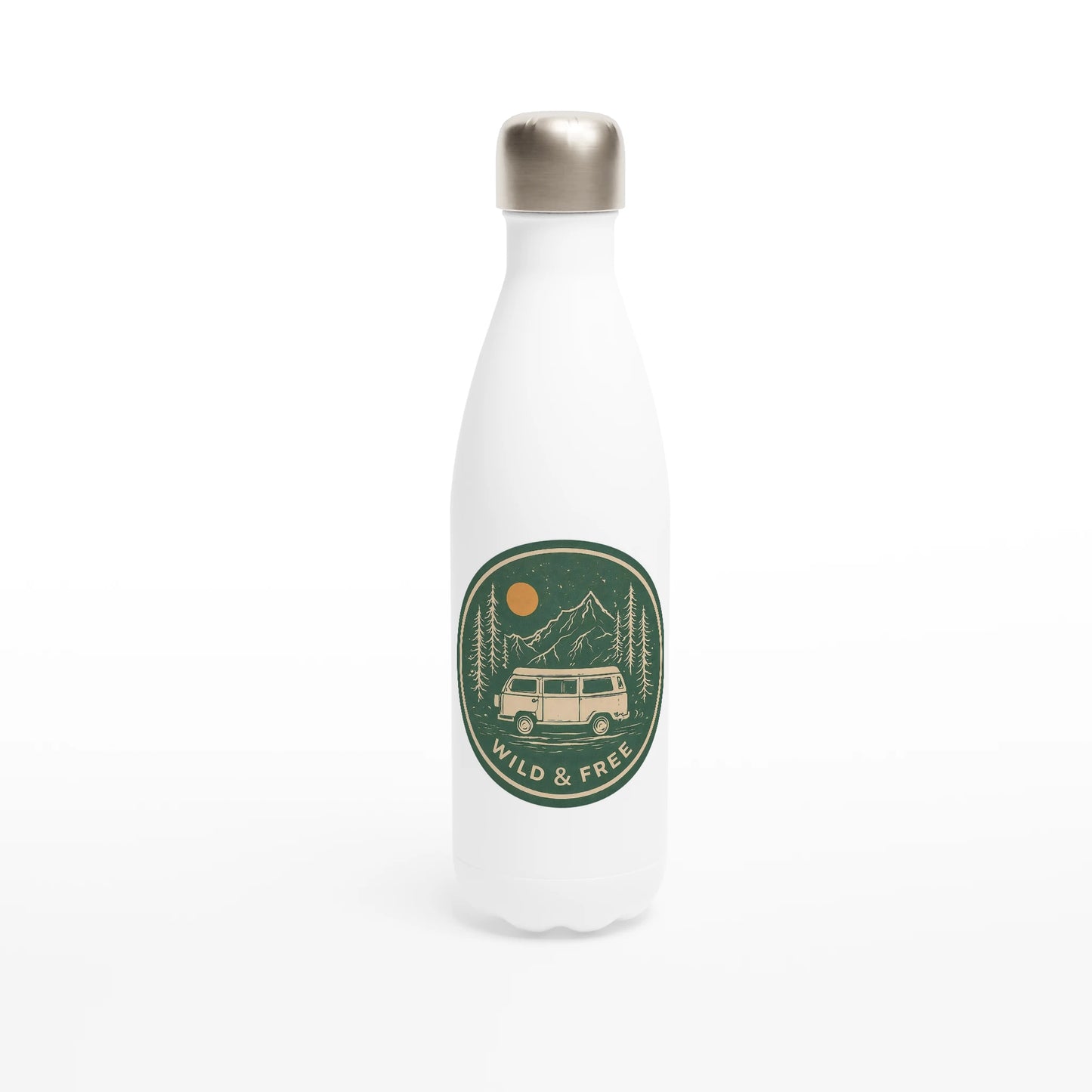 White insulated water bottle with 'Wild & Free' van life design, perfect for campers and adventurers.