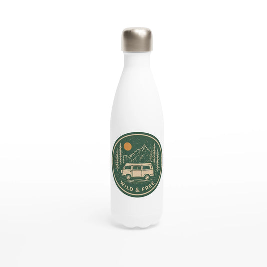 White insulated water bottle with 'Wild & Free' van life design, perfect for campers and adventurers.