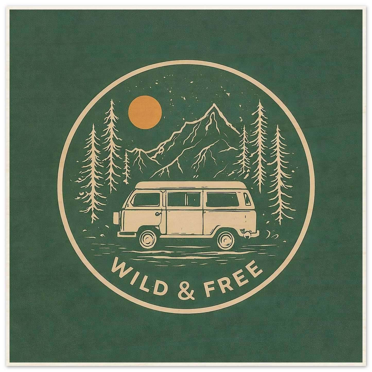 Van life poster with camper van, mountains, trees, and 'Wild & Free' text for adventure gear