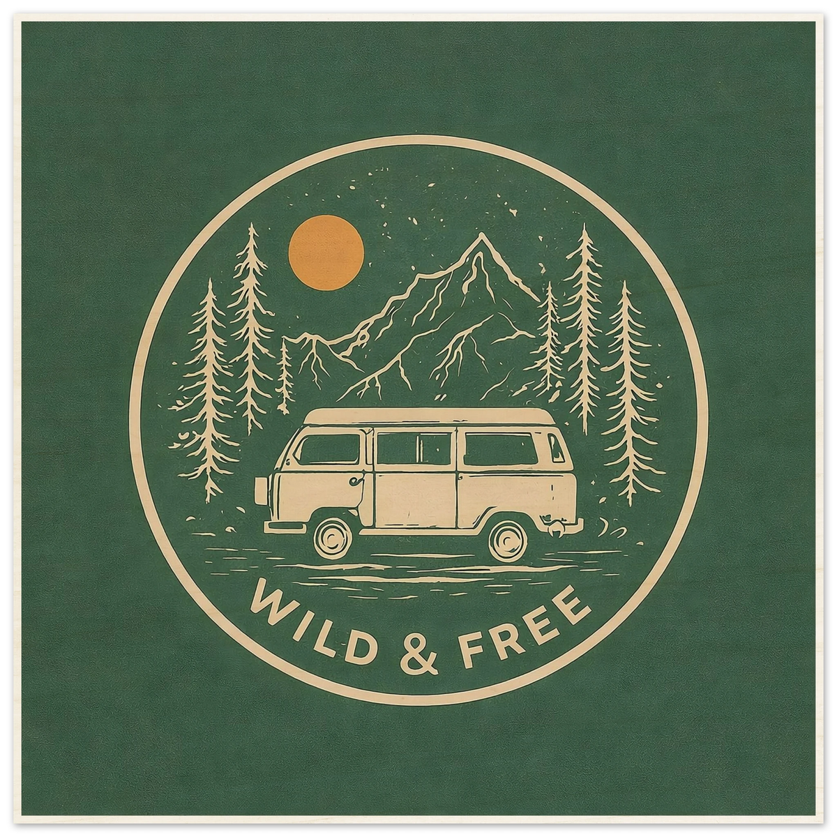 Van life poster with camper van, mountains, trees, and 'Wild & Free' text for adventure gear