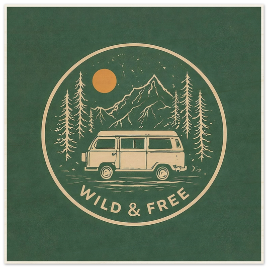 Van life poster with camper van, mountains, trees, and 'Wild & Free' text for adventure gear