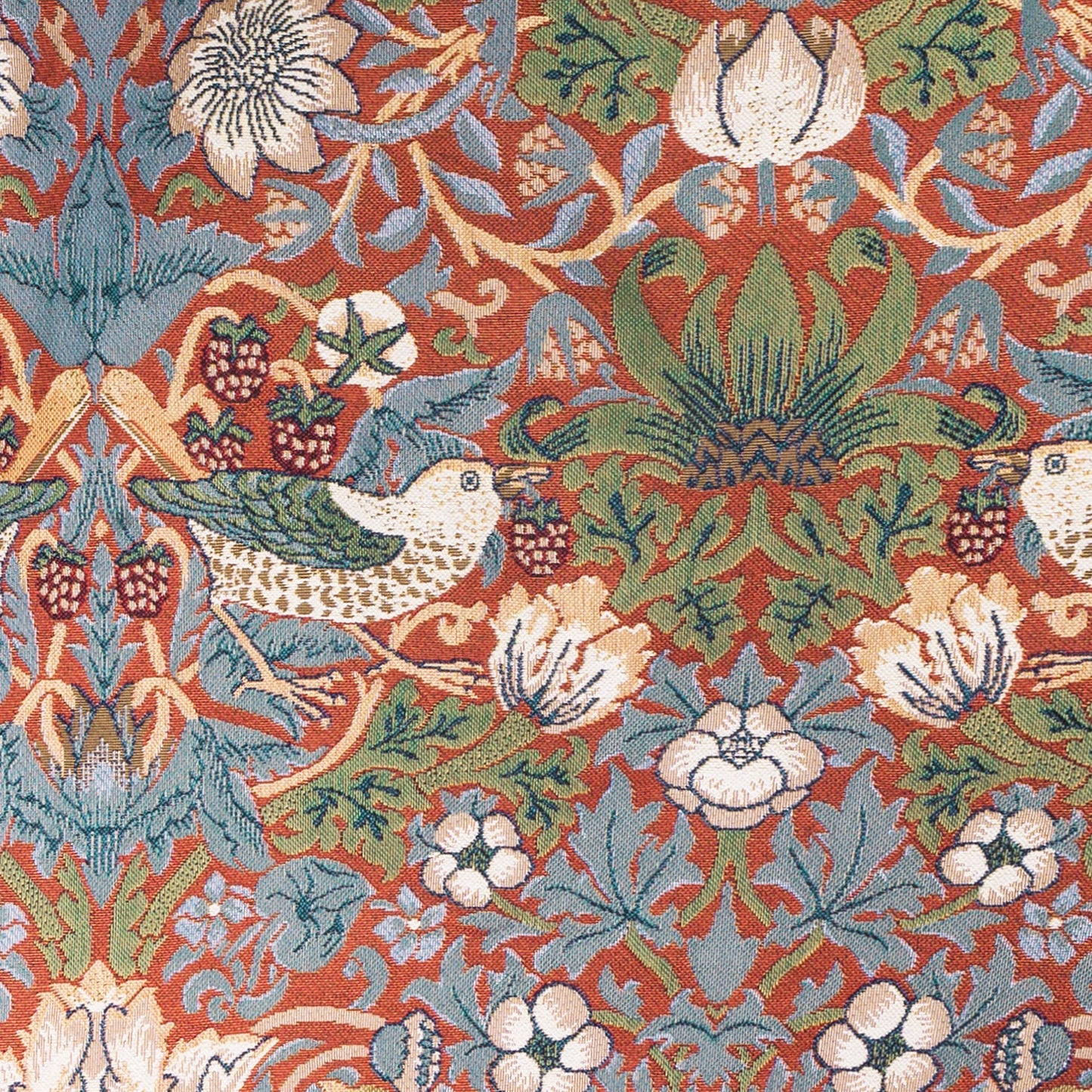 Vintage floral tapestry with birds and berries, ideal for van life interior decor and cozy camper van styling
