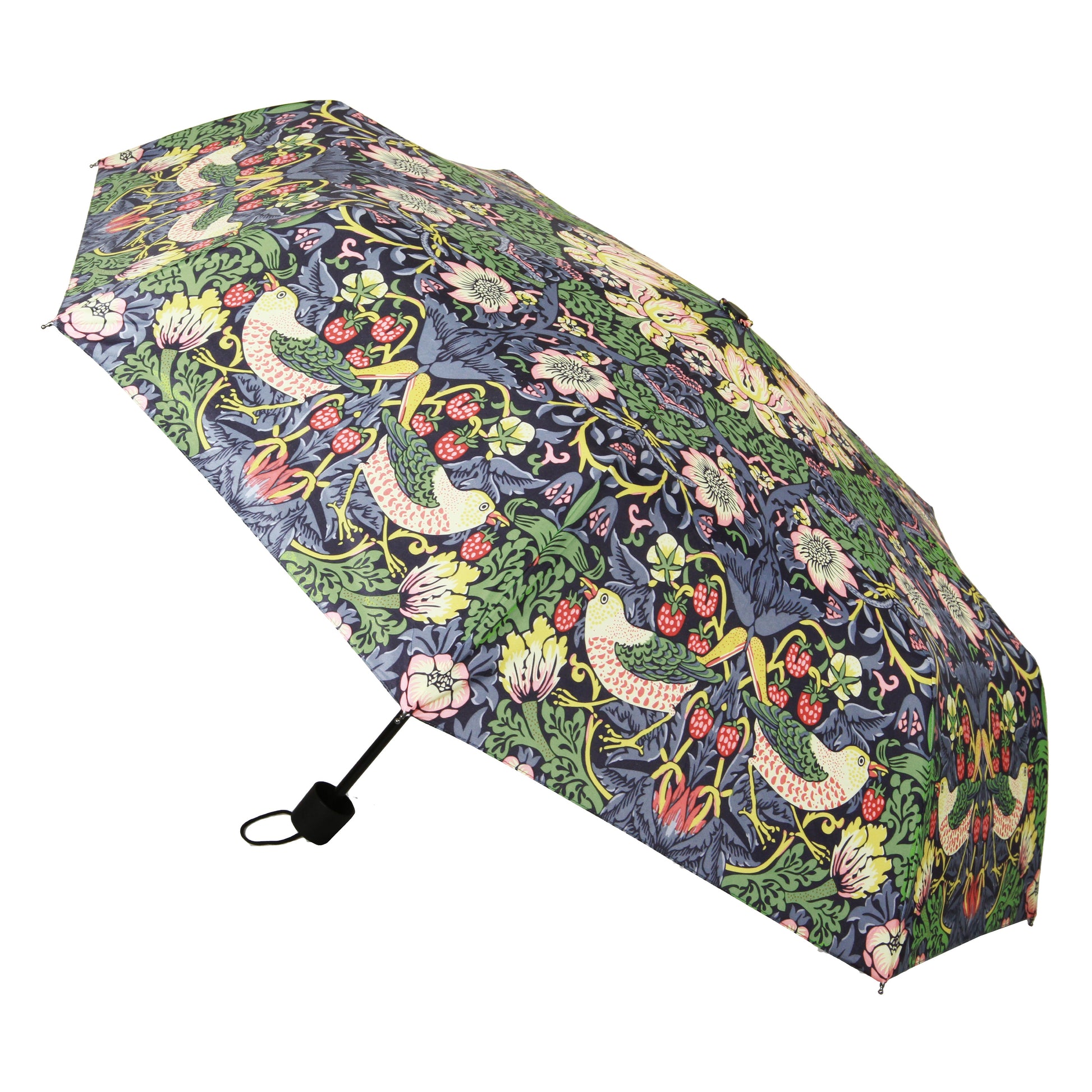 Foldable umbrella with vibrant bird, flower, and strawberry print for van life and outdoor adventures