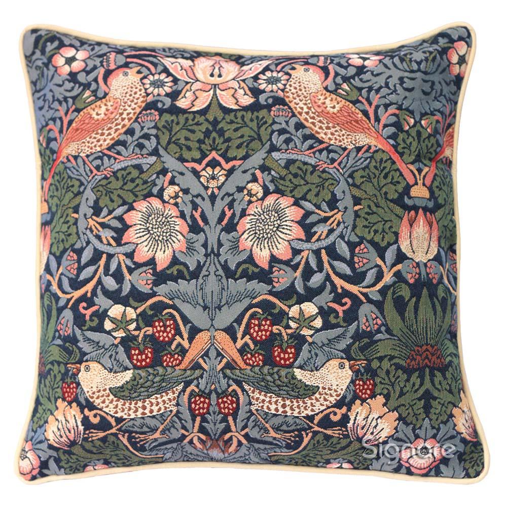 Botanical tapestry cushion with birds and flowers, perfect for van life decor and cozy camper interiors.