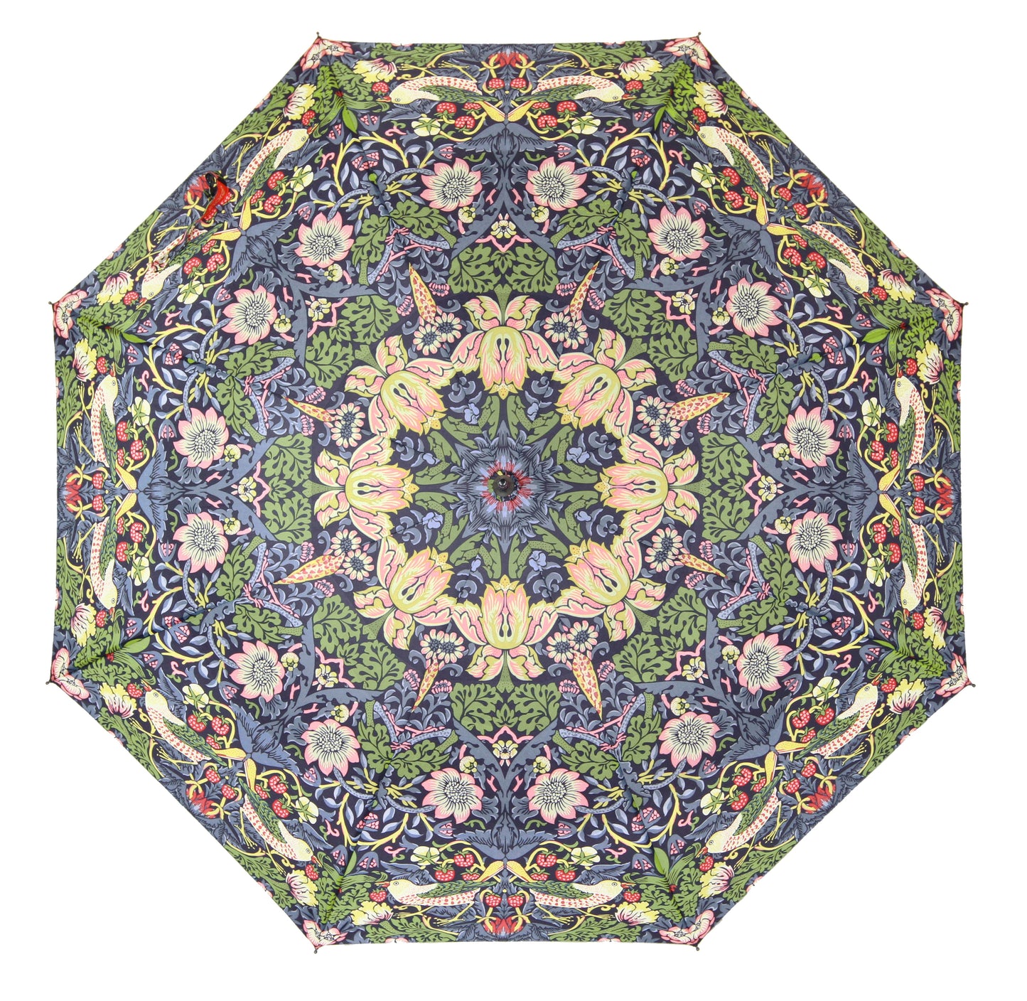 Floral patterned umbrella with birds and berries, ideal for van life adventures and outdoor festivals