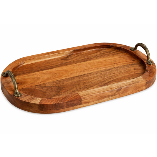 Solid wood serving tray with brass handles for van life kitchen or outdoor dining