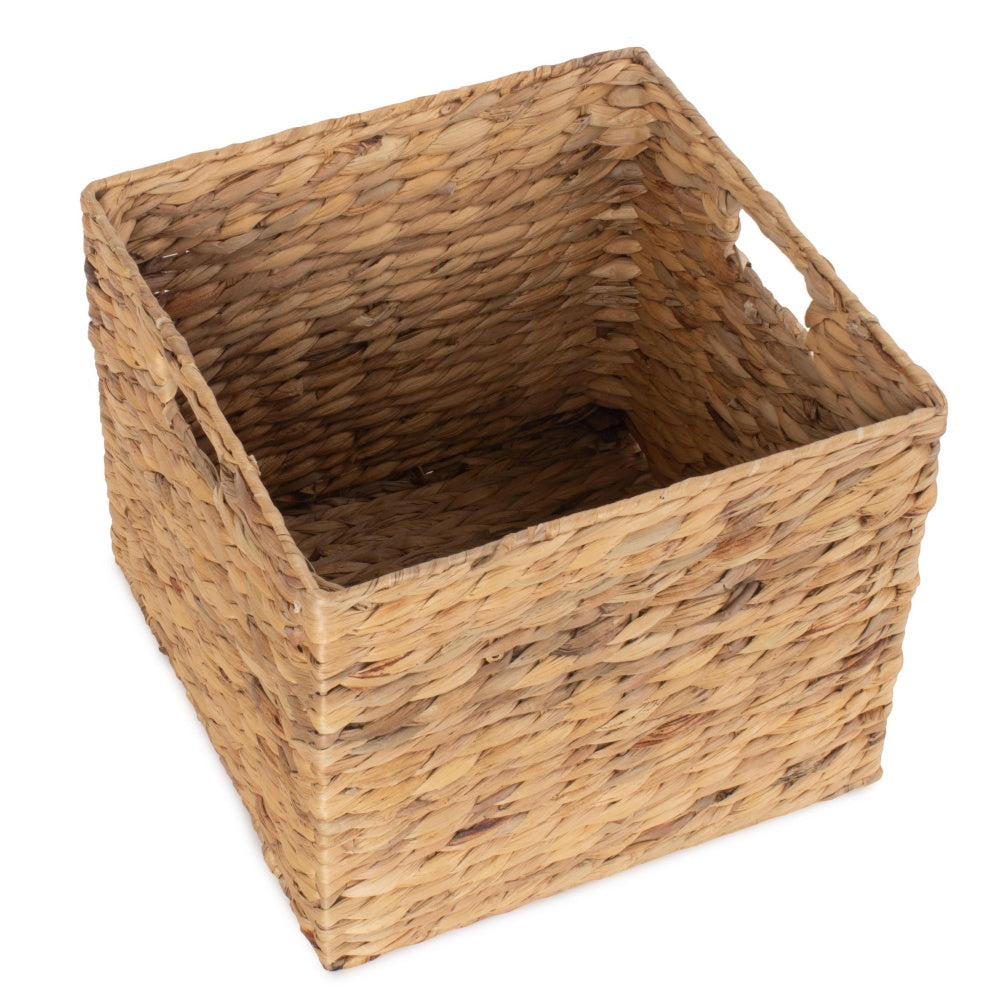Woven seagrass storage basket with handles for van life organization and camping gear